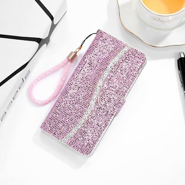 Kotelo iPhone 14 Prolle, pinkki glitter-läppä timanttilompakko korttipidikkeellä