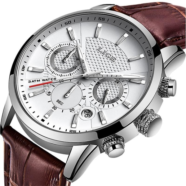 Läder Chronograph Vattentät Sport Automatisk Date Quartz Watch Silver blue C