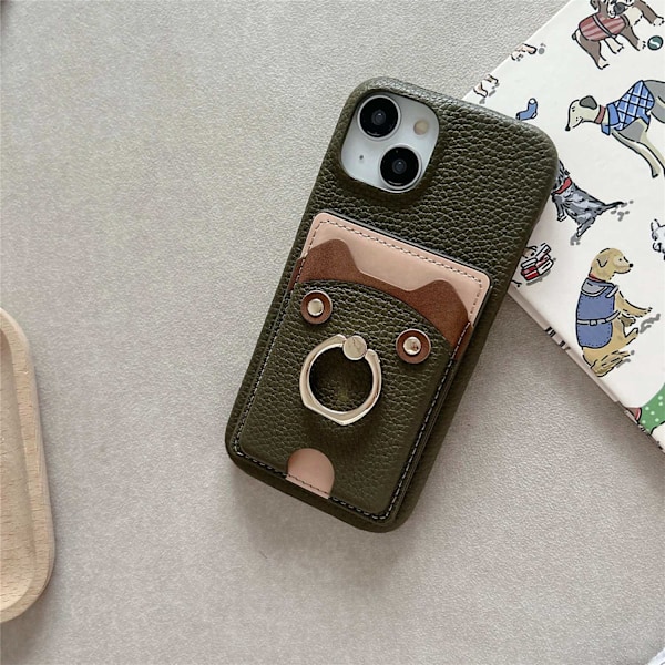 Etui til iPhone 14 Plus Midnatsgrøn Læder Sød Bjørn Pebbled