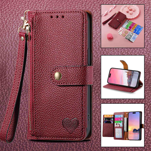 Etui til iPhone 16 Burgundy [kort snor] Source Love Pebbled RFID-blokkerende stropp