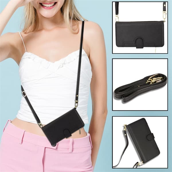 Etui til iPhone 14 Sort + håndledsrem + lang lanyard lynlåspung med kortholder flip