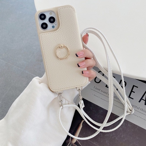 Etui til iPhone 13 Pro 2-fold sminkespeil off-white crossbody lanyard Pebbled Wallet med kortholder Skjønnhetsspeil Crossbody-stropp
