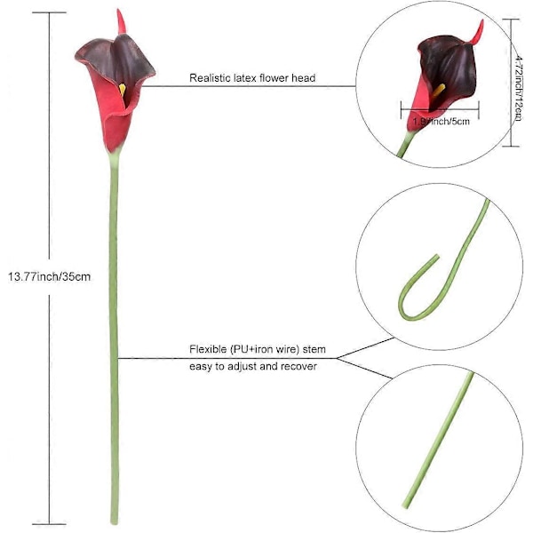 24 st Calla Lilja Bröllopsbukett Latex Real Touch Konstgjorda Blommor (Blå och Vit) Dark Red