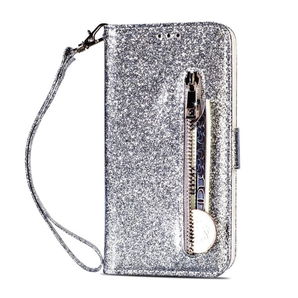Etui til iPhone 16 Plus Sølv Glitter Lynlås Læder Etui Mode glitter lynlås Flip Almindelig