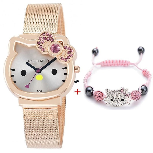 Tecknad söta mesh rostfritt stål kvarts watch armband white -pink-bracelet