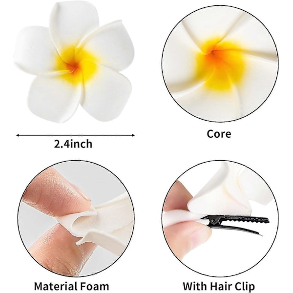 50 stk. 3,5\" Hawaiian Frangipani Kunstige Plumeria Blomster Hat Hårklemmer til Fest Strandferie Hjem Bryllupsdekoration (Blandede Farver) White 3.5Inch