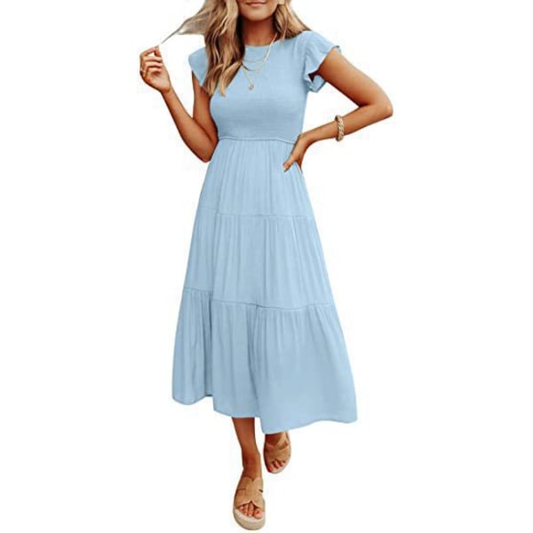 Kvinnors stor kjol Enfärgad smock-veckning kortärmad klänning Light Blue L