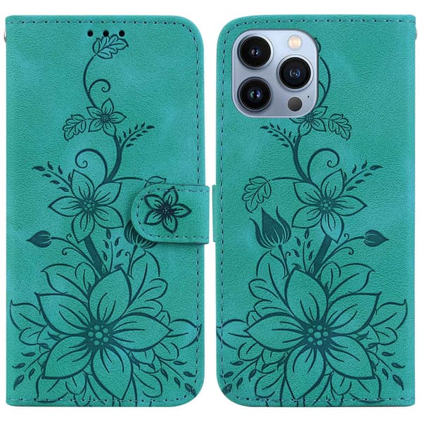 Fodral för iPhone 13 Pro grön Lily präglad 3D-plånbok med kortfack