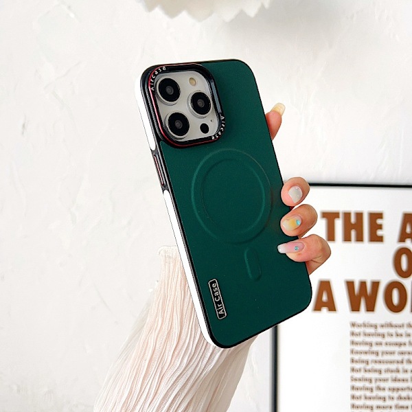 Fodral för iPhone 16Pro max grön Läder Magnetisk Kontrastfärg