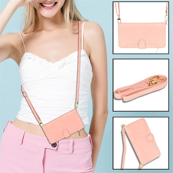 Etui til iPhone 14 Plus Pink + håndledsrem + lang lanyard lynlåspung med kortholder flip