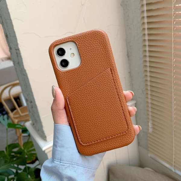 Etui til iPhone 13mini Litchi Kort Indsæt Lysebrun Pebbled Wallet med Kortholder