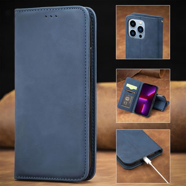 Etui til iPhone 16 Plus blå Flip Tilpassbar Multi-Modell Lommebok med Kortholder Slitesterk