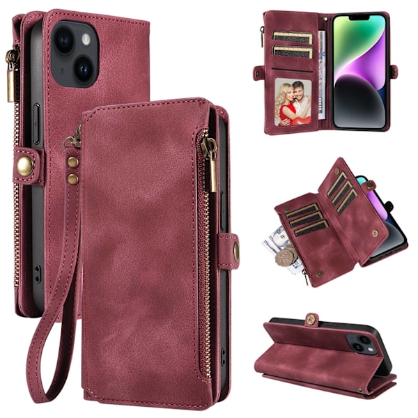 Etui til iPhone 15 Pro Max rød Flip lynlås Wallet med kortholder