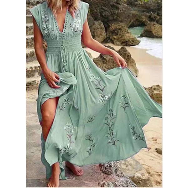 V-ringad French Beach Bohemian Printed Dress Sky Blue L