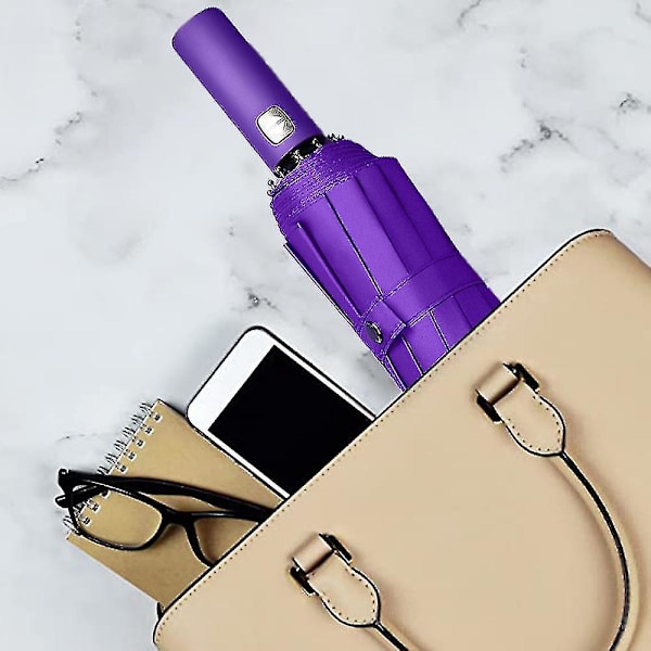 Tuulenpitävä matkasateenvarjo, kompakti kokoontaitettava käänteinen sateenvarjo Business Purple