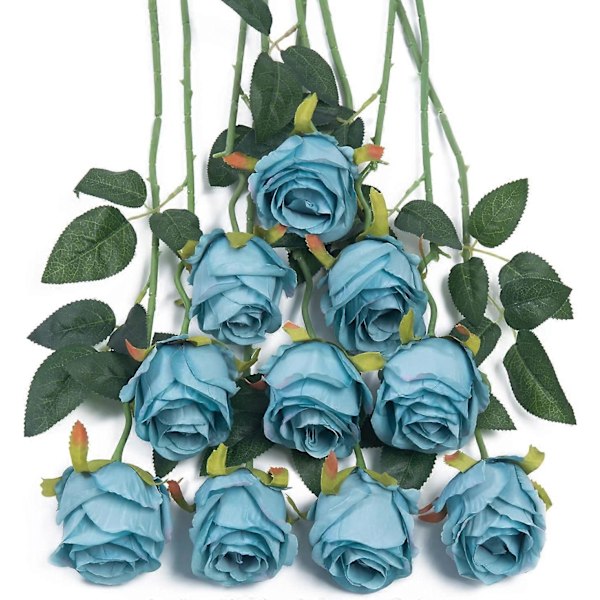 10 kpl Keinotekoisia silkkiruusuja, tekokukkakimppu pitkillä varsilla häihin, kodin juhlakoristeluun (Beige) Blue
