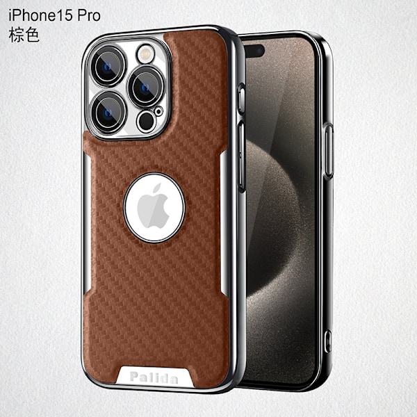 Fodral för iPhone 13 Pro Max brun kolfibermönster helkropp med läder