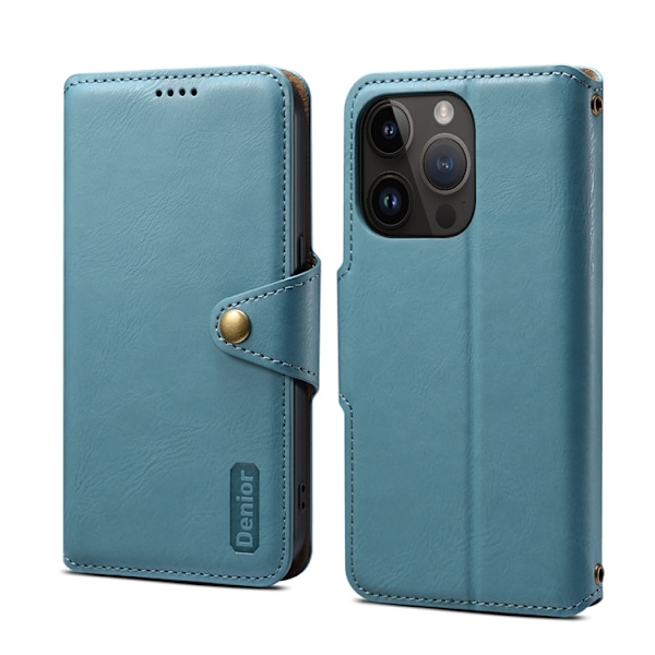 Sininen iPhone 15 Plus -lompakkokotelo korttipidikkeellä ja jalustalla