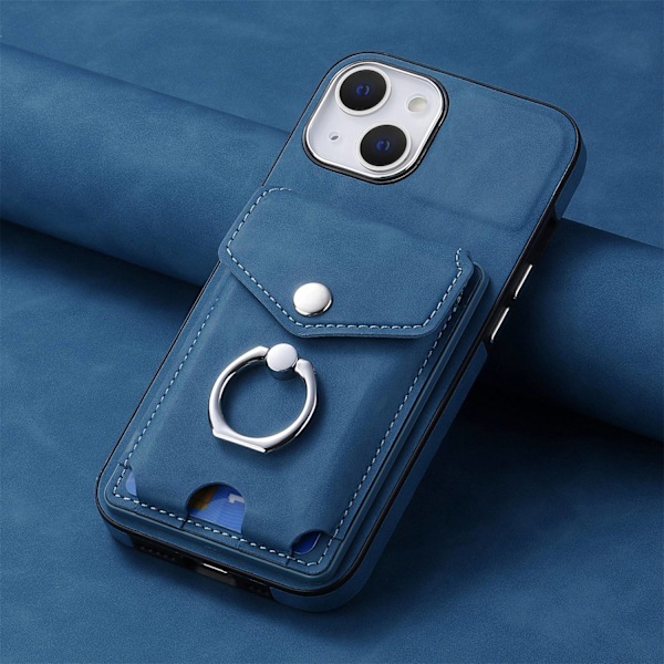 Etui til iPhone 14 Plus blå Højkvalitets galvanisering Soft-Touch kortholder ringstativ