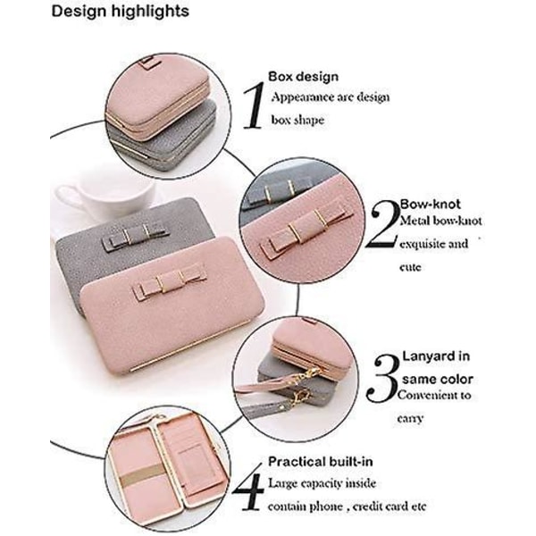 Stor Kapacitet Dame Bowknot Punge Sløjfe Lomme Lang Lynlås Pung Telefon Kort Holder Clutch Håndledsrem Pink Lang