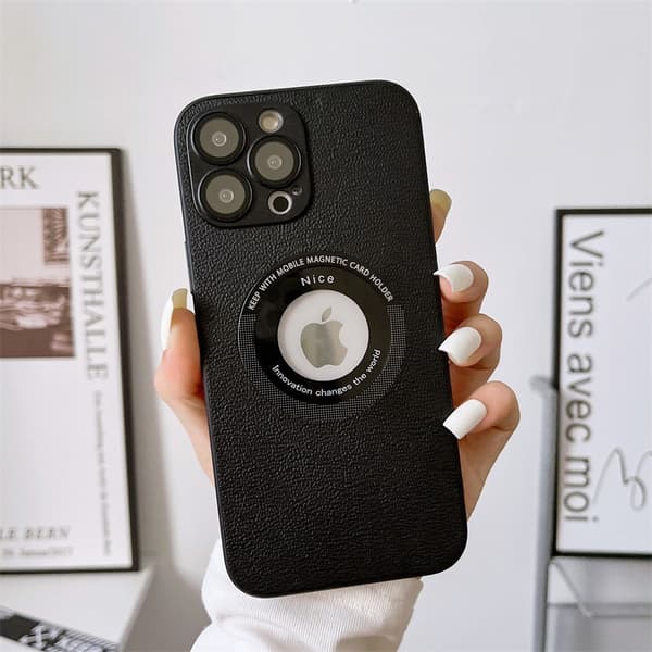 Etui til iPhone 15 sort Magnetisk Manglende Mærkat Pebbled læder Linsefilm Fuld krop