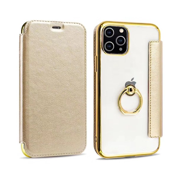 Etui til iPhone 14PLUS Guld (med ring) Flip Elektroplettering Ring Transparent Wallet med Kortholder