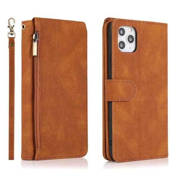 Etui til iPhone 15plus brun Soft-Touch Multi-Card Lynlåspung med Kortholder