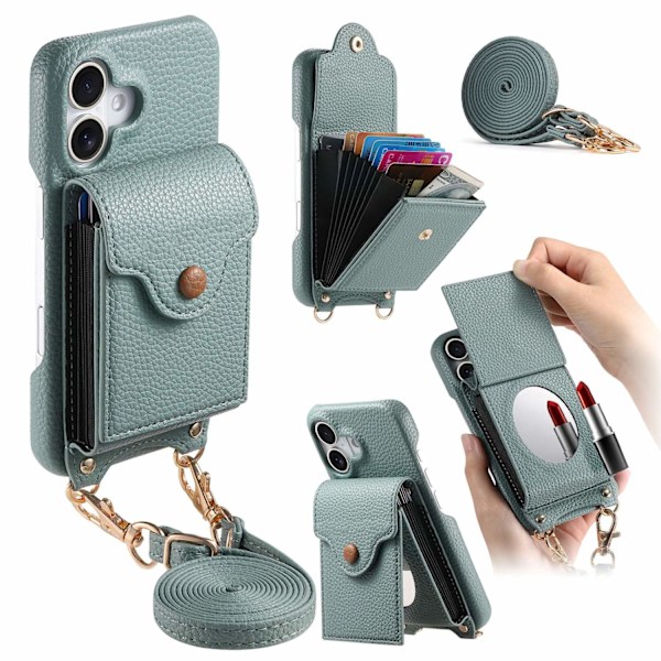 Fodral för iPhone 14 blå Pebbled Stor Dragspels Sminkspegel Crossbody Rem