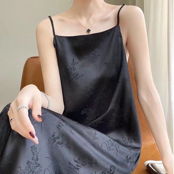 Silk Suspender Dress ärmlös satin lång klänning off-neck Sexig Black L