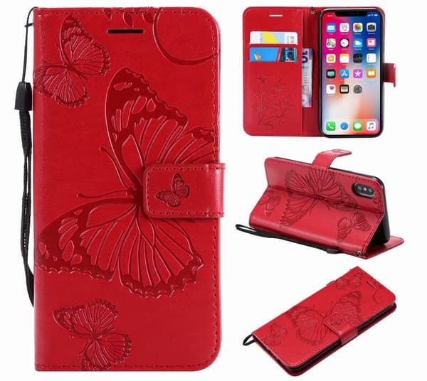 Etui til iPhone 13 Pro rød 3D-preget sommerfugl preget lommebok med kortholder flip