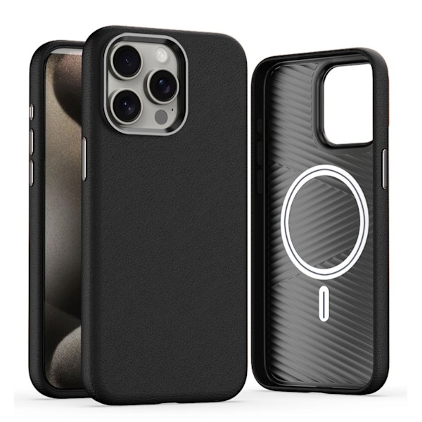 Kotelo iPhone 14 Pro Max -puhelimelle, musta nahka, nahkakuvio, magneettinen