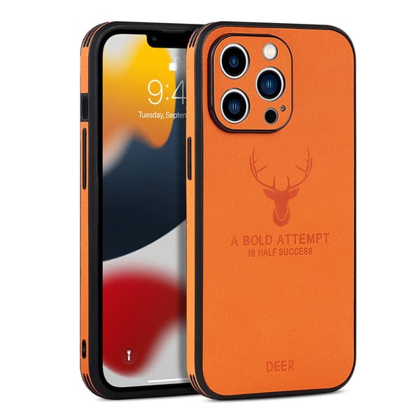 Etui til iPhone 15 orange farve Elg læder lige kant læder