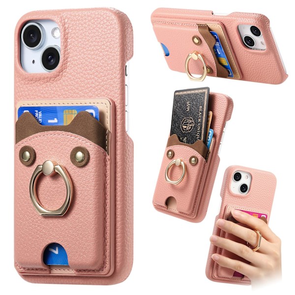 iPhone 14 -kotelo, vaaleanpunainen, pyöreäpintainen, söpö karhu, lompakko, korttipidike, nahkainen rengas