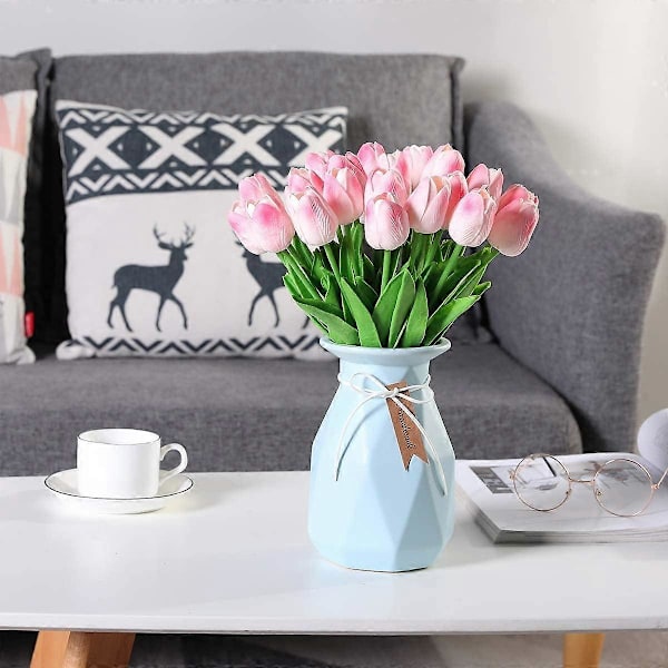 30 stk. kunstige latex tulipaner blomster falske tulipan stilker PU ekte berørings tulipaner for bryllupsfest hjemmedekorasjon (gul) Pink