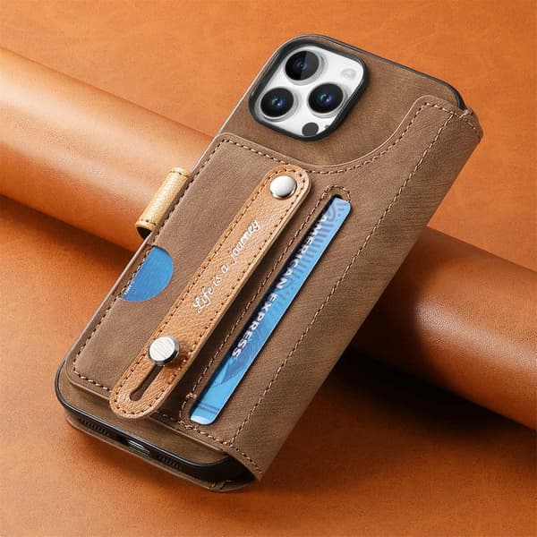 Etui til iPhone 15 Plus brun Flip Håndleddsveske med Kortholder