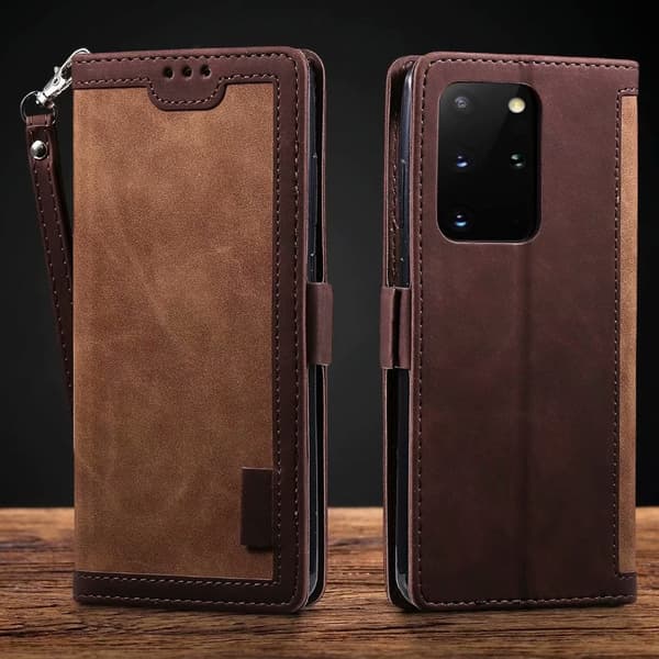 Etui til iPhone 14 Pro Max brun Retro Mixed Media Wallet med kortholder Flip