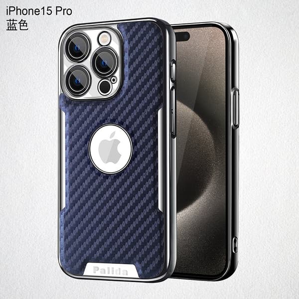 Fodral för iPhone 13 Pro Max blå Kolfibermönster Helkropp med läder