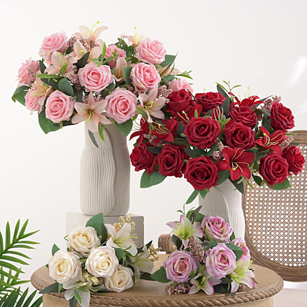 1 Bukett Kunstig Blomst Falsk Silke 7-hoders Simulering Fake Rose Bukett Hjemmeinnredning for Husholdning