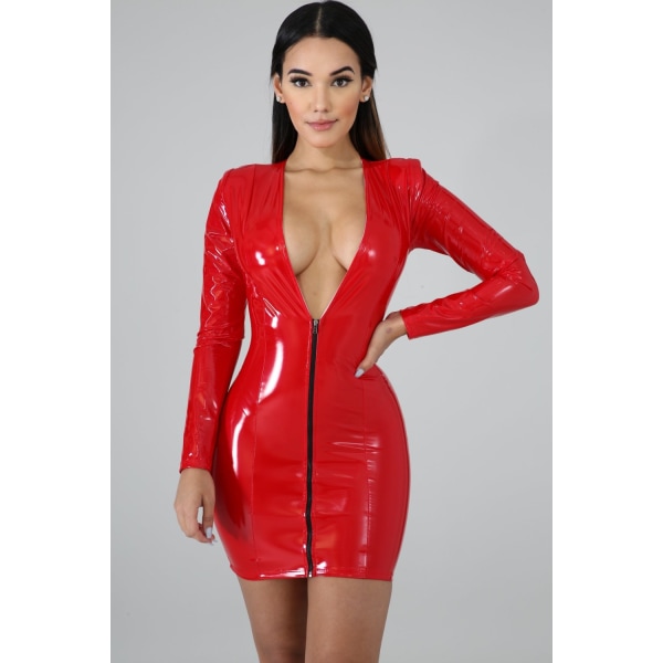 Dragkedja i konstläder Pu Hög elastisk Djup V-ringad Jumpsuit kjol Elastisk läderkjol Höftkjol Red XXXL