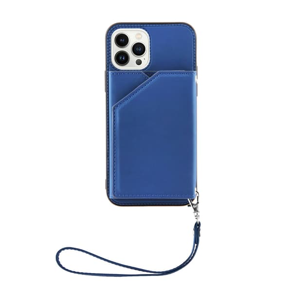 Etui til iPhone 15 Pro Max Blå (med armbånd) Soft-Touch Kortholder Stropp Multi-Kort Crossbody Kortholder