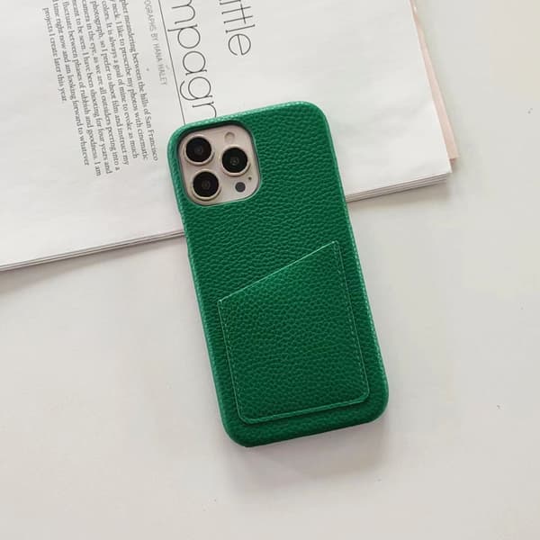 Etui til iPhone 16plus grøn Pebbled Wallet med kortholder klassisk half pack