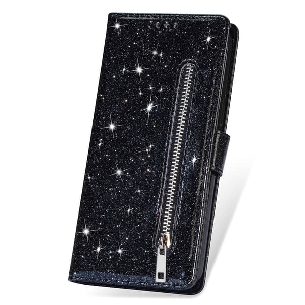 Etui til iPhone 14 6.1 Flash Sort glitter lynlåsrem pung med kortholder