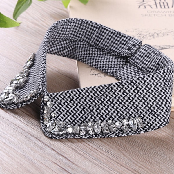 Dam falsk krage Rutig/Brun Hmade Rhinestone Ornament Smal Houndstooth rear buckle