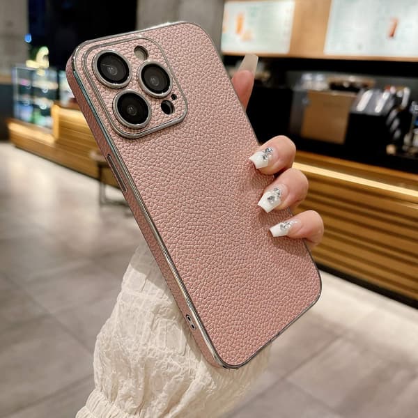 Fodral för iPhone 14 med linsskydd \"Lychee Rose\" elektropläterad silverkant Pebbled lädertextur lins silverpläterad Full-Body
