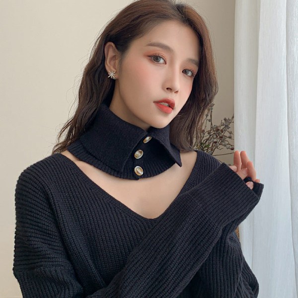 Dame falsk krage Avtakbar halv Strikket Knapp Pullover Sc Black 21cm