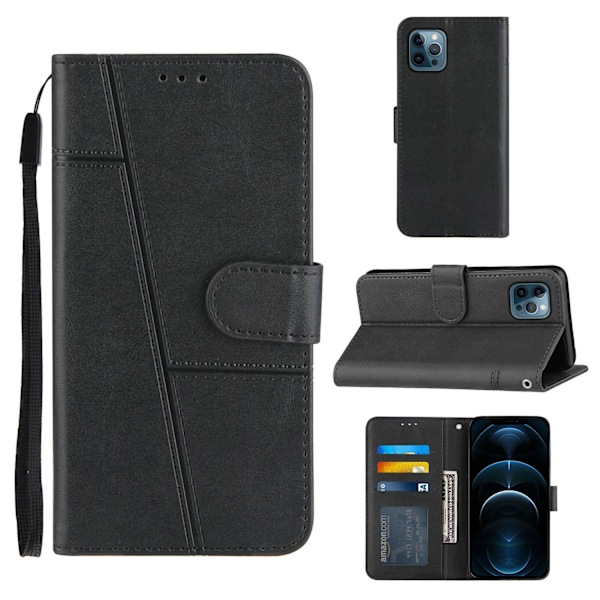 Etui til iPhone 15 sort Mixed Media Kalveskind Retro Wallet med Kortholder Flip