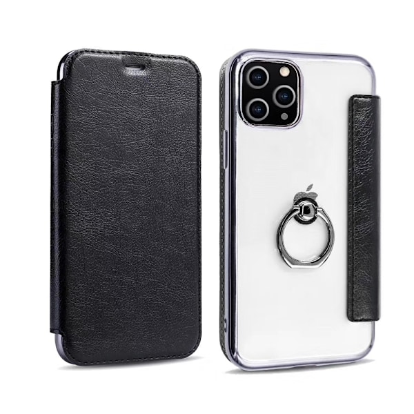 Etui til iPhone 13mini Sort (med ring) Flip Elektroplettering Ring Transparent Wallet med Kortholder
