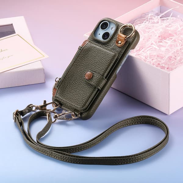 Etui til iPhone 14 Pro Max Midnight Green læder makeup spejl lang rem pung med kortholder