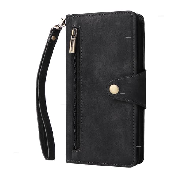 Etui til iPhone 16 Pro Max sort nitte spænde lynlås pung med kortholder flip