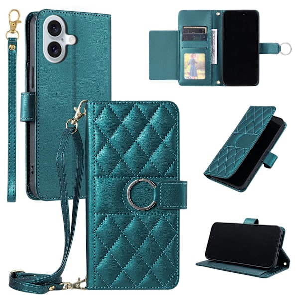 Kotelo iPhone 16plus vihreälle + pitkät ja lyhyet narut Sormus sisällä Lompakko korttipidikkeellä Crossbody